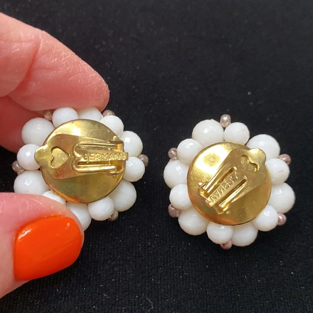 Vintage white beaded clip on earrings made in Germany